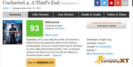 نمرات بازی Uncharted 4: A Thief's End منتشر شد.